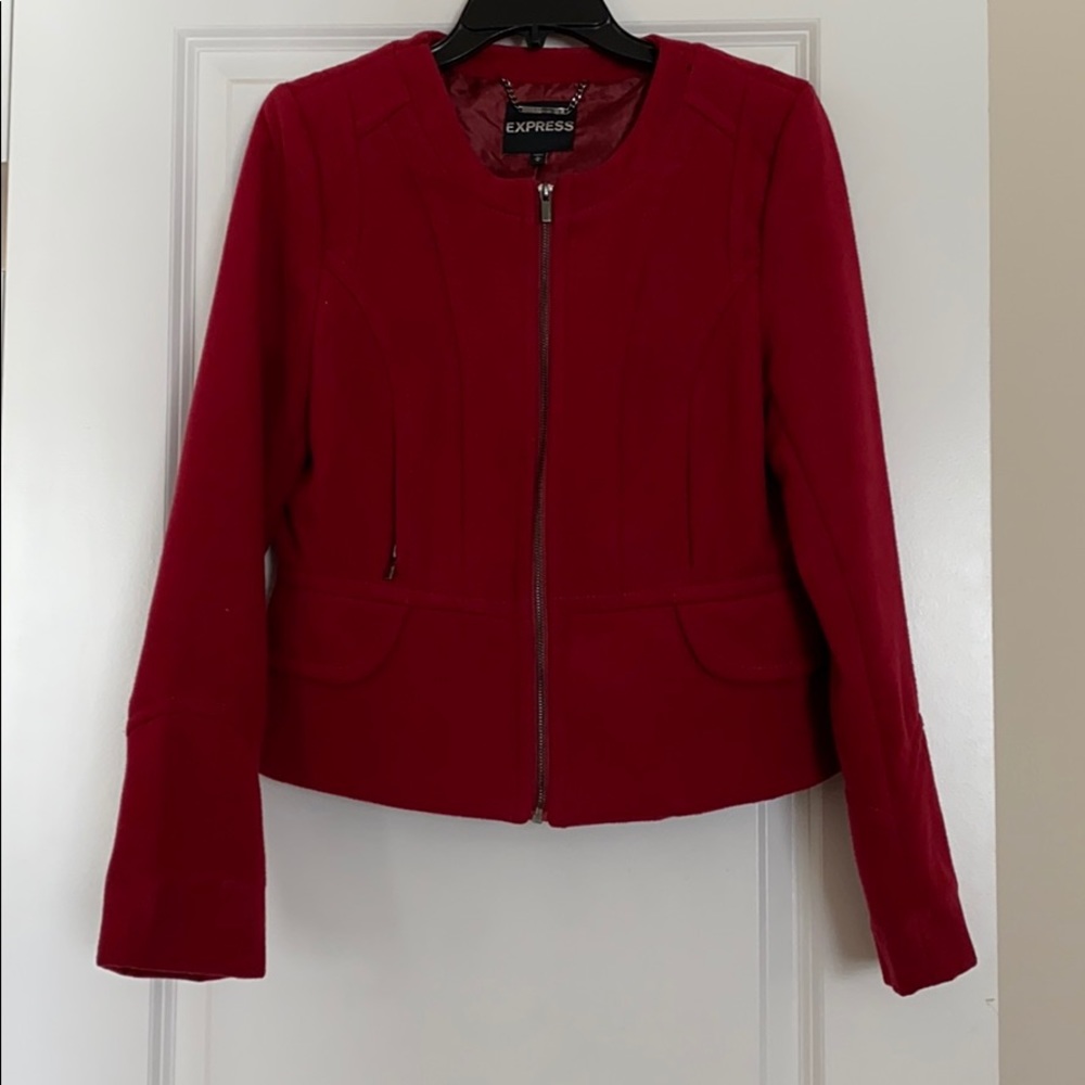 Red collarless peplum jacket